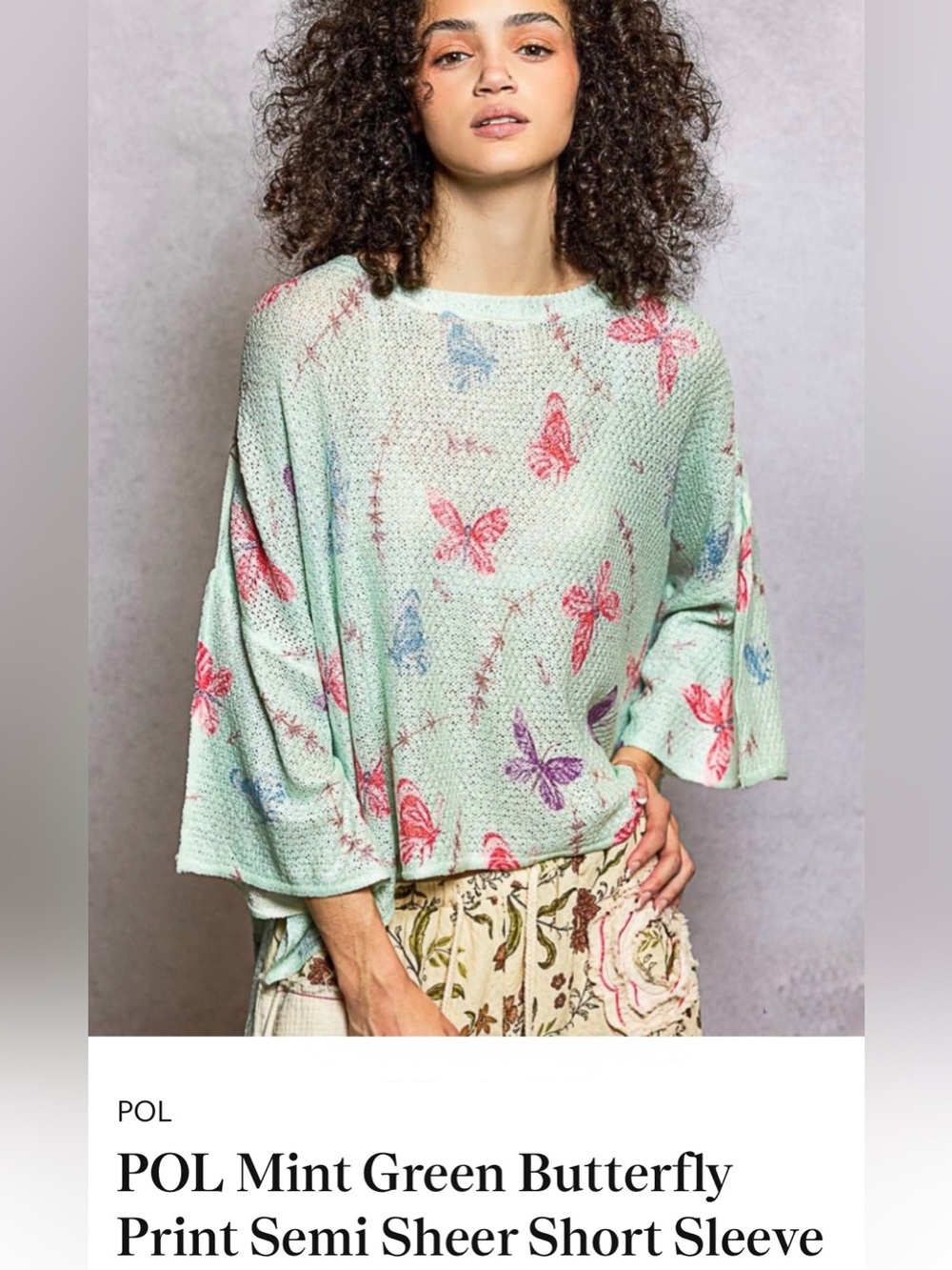 POL Mint Butterfly Print Semi-Sheer 3/4 Sleeve Lightweight Top OS Small